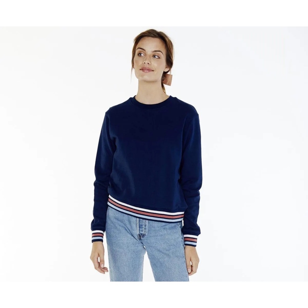 LAKE Navy Blue Striped Trim Cotton Fleece Sweatshirt | Size Small